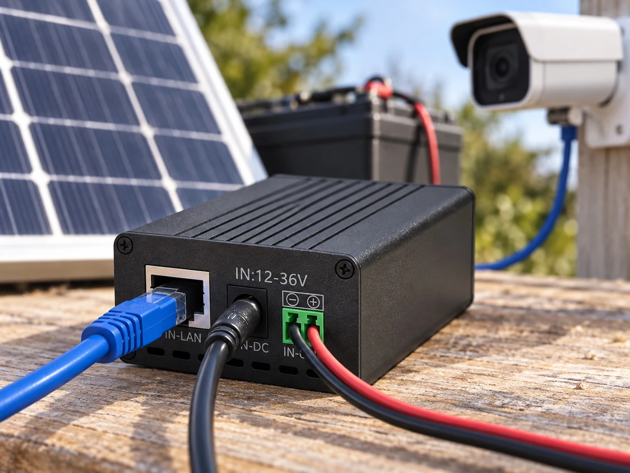 Maxsol POE24V DC-to-PoE power converter with Ethernet ports, wiring connections and LCD voltage display