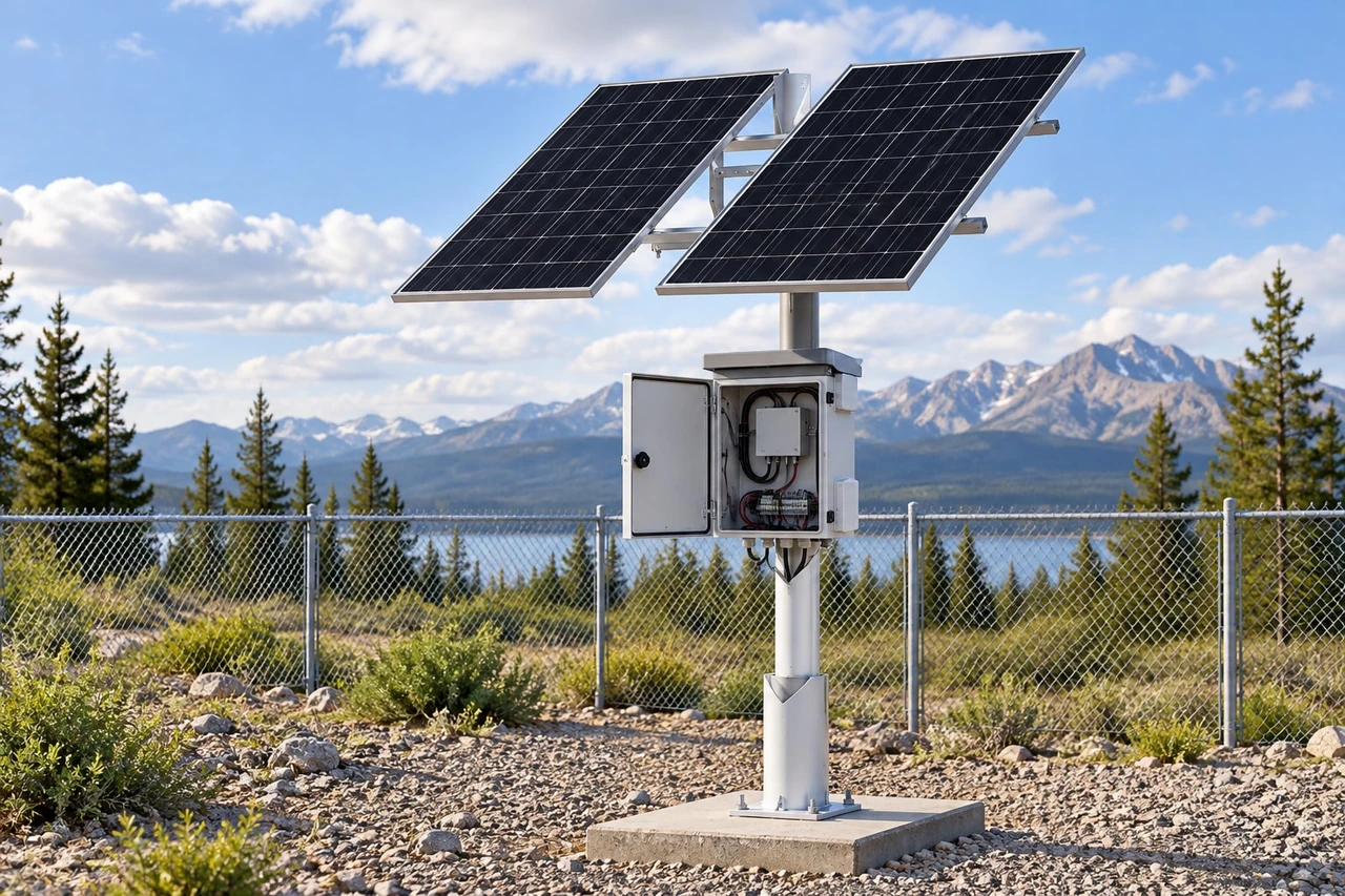 Maxsol CS400150 solar power system with two panel modules and outdoor equipment cabinet