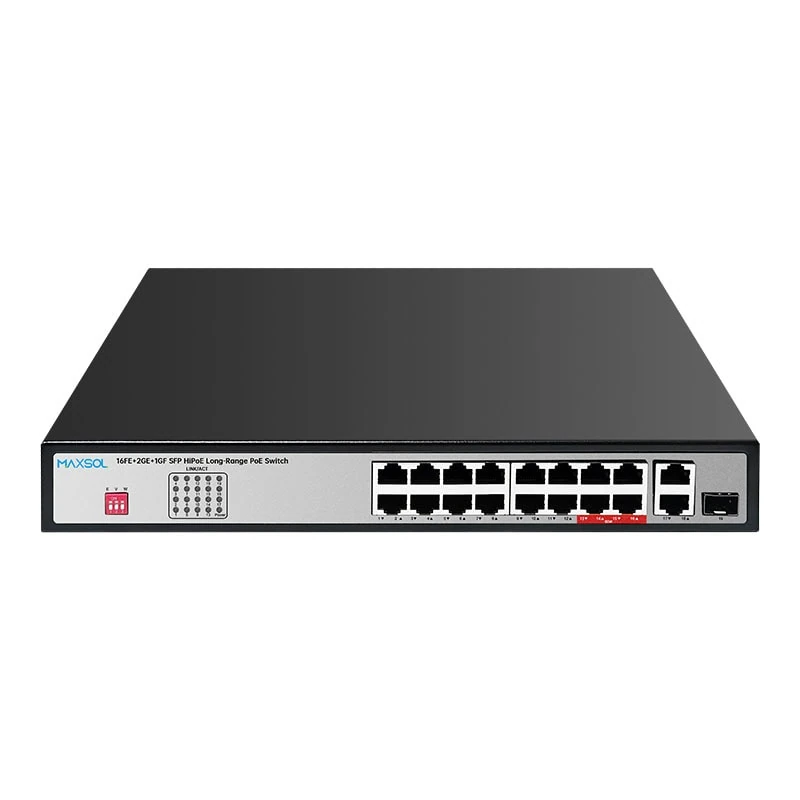 Maxsol PS11602FE switch showing Fast Ethernet PoE ports with Gigabit uplink interfaces