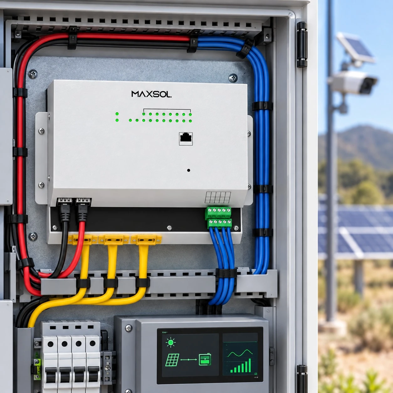 Maxsol IOT2802SFG-S managed solar industrial PoE switch with Ethernet, SFP and power connections