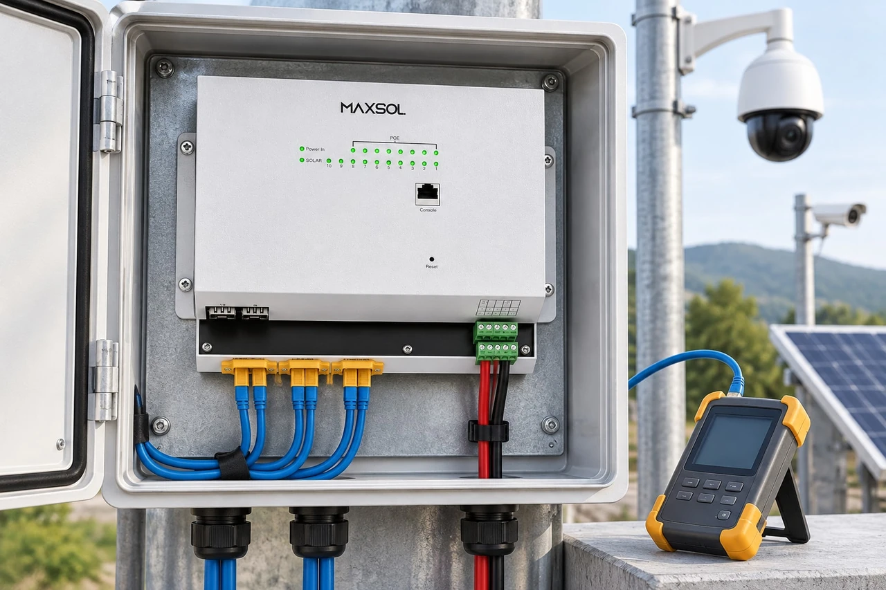 Maxsol IOT2802SFG-S managed solar industrial PoE switch for PV and battery-powered networks