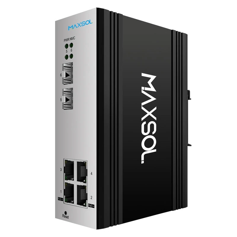 Four-port Gigabit PoE switch with two SFP ports for DIN-rail installation